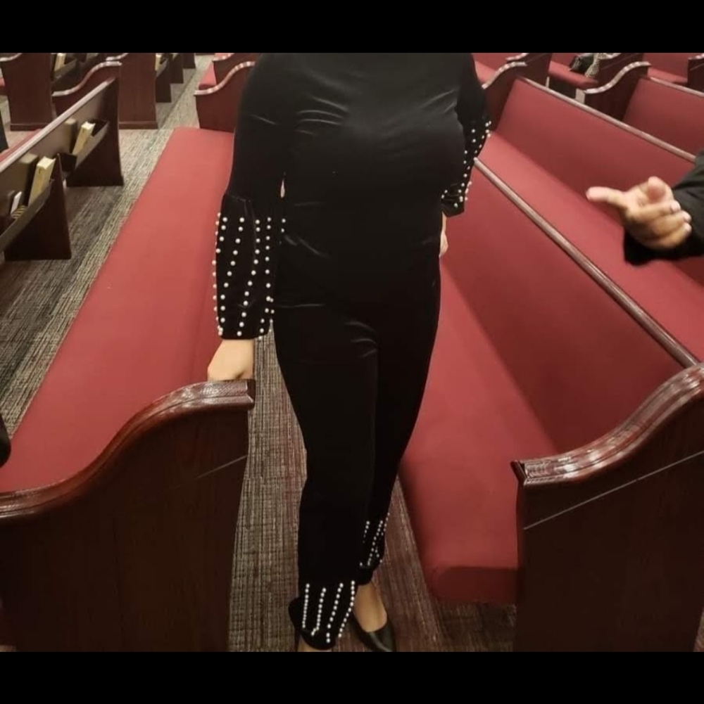Black Velvet Jogger Pants Set with Pearl Embellishments